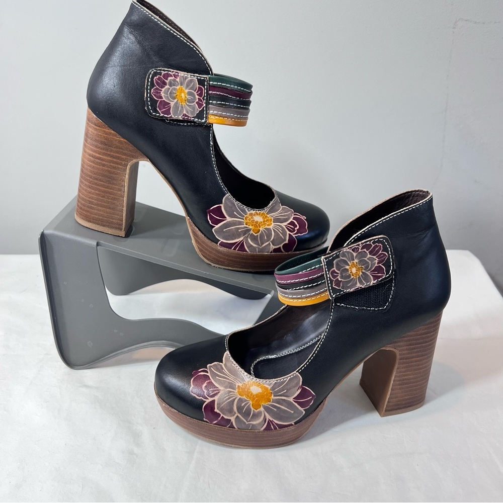 Black Floral Embroidered Mary Jane Block Heels